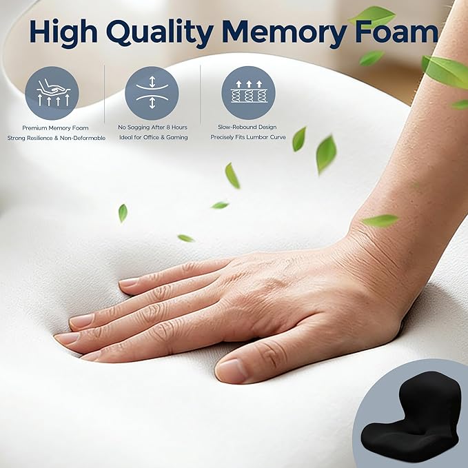 Seat Cushion for Office Chair and Car, L-Shaped Ergonomic Car Seat Cushions, Memory Foam Chair Cushion, Lumbar Support Pillow for Wheelchair, Car, Home, Office, Desk, Black