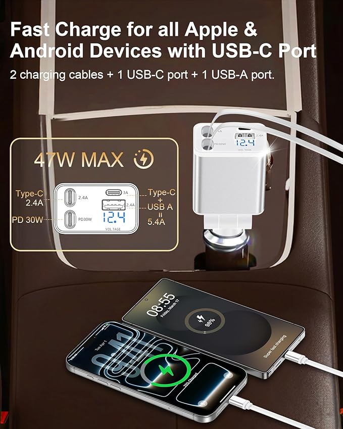 Retractable Car Phone Charger USB C, 4 in 1 Fast Car Charging Adapter with 2 Flexible USB C Cable for iPhone 17e 17 Samsung S26 Android, USBC Cigarette Lighter Gift for Men Android Auto Adapter