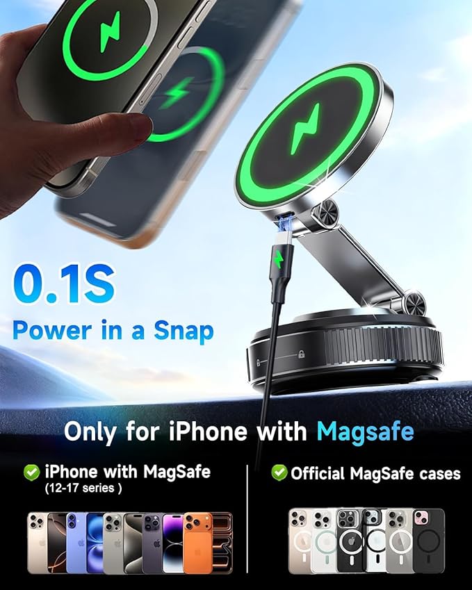 Suction Cup Phone Mount Pro - Vacuum Magnetic Phone Holder for Car, 180° Adjustable Angle, Non-Slip Dashboard/Windshield Car Phone Holder, Bonus Toroidal Metal.