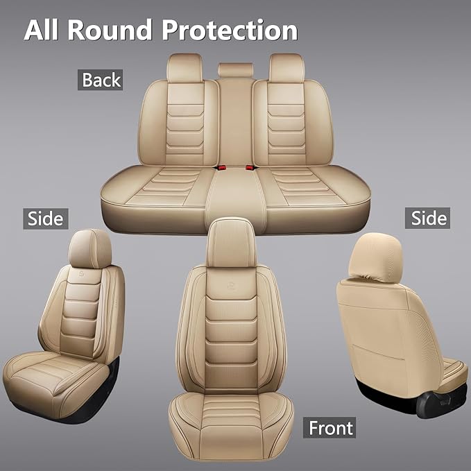 Full Coverage Faux Leather Car Seat Covers Full Set,Automotive Seat Covers for Cars,SUVs Pick-up Truck, Car Seat Cushion, Beige Seat Covers for 5 Seats,Car Seat Protector