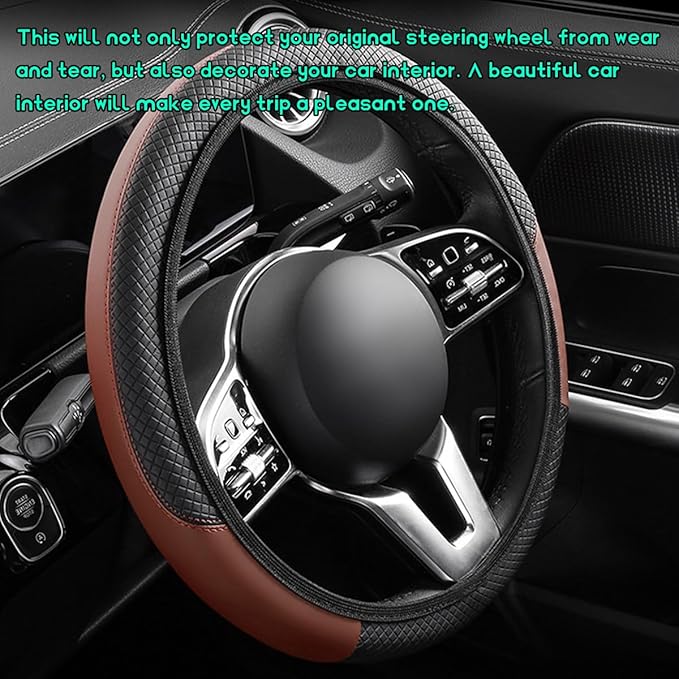 Car Steering Wheel Cover, 15 inch Carbon Fiber Microfiber Leather Elastic Steering Wheel Protector, Breathable Anti-Slip Comfortable Steering Wheel Covers for Most Cars (Black&Khaki, AD)