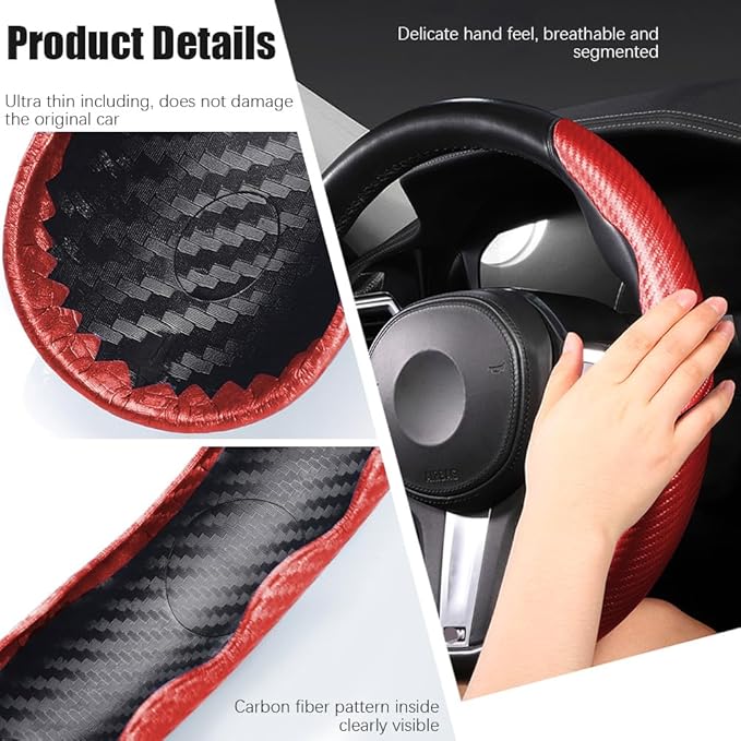 Pincuttee Carbon Fiber Steering Wheel Cover - 3PC, Universal Non Slip Steering Wheel Protector, Car Interior Accessories (Matte Red)