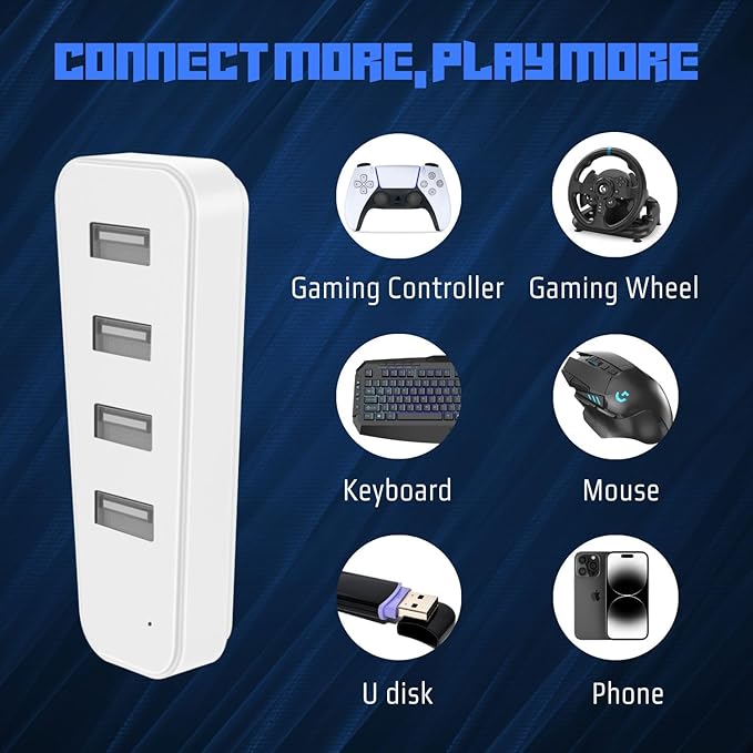 TNP 4 Port USB Hub for PS5 Slim Edition - High-Speed USB 2.0 Port Extender Adapter Accessories Expansion Hub Connector Expander for PlayStation 5 Slim ONLY, White