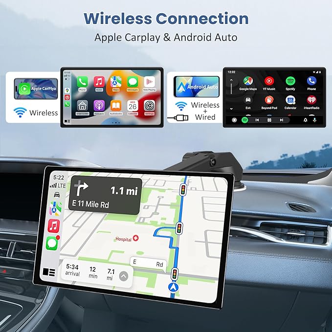 Largest 11.3" Portable Apple Carplay Screen, Wireless Car Play & Android Auto Touch Screen, Car Stereo with App View/4K Dash Cam/Backup Camera/Mirror Link/Voice Control/Music Play/GPS/Bluetooth/FM