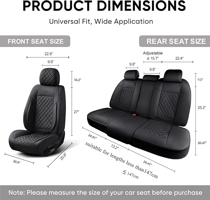 Auto Car Seat Covers Full Set Leather Cushion Protector Breathable Waterproof Seat Cover for Cars Universal Fit (Black, Full Set Without Headrest)