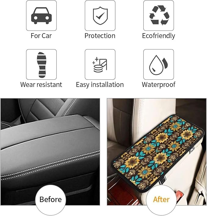Car Center Console Cushion Pad Vintage Sunflower Yellow Universal Armrest Seat Box Cover Protector Aztec Floral Leopard Car Decor Accessories Fit for Vehicle, SUV, Truck, Sedans