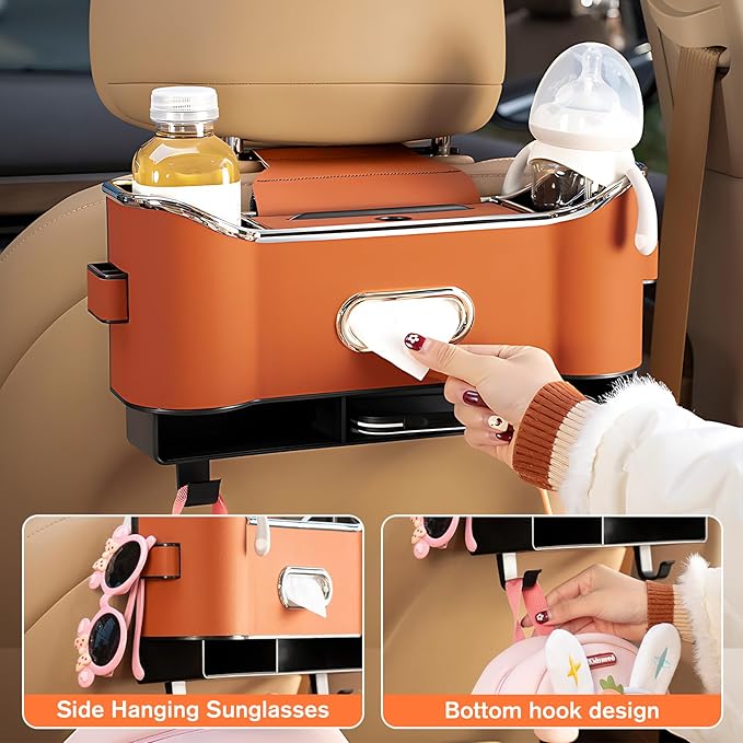 Multifunctional Car Seat Back Storage Box, Universal Car Seat Organizer, Car Seat Tissue Box and Organizer, Car Seat Paper Towel Organizer， Car Organizer with 2 Drink Cup Holders (Black)