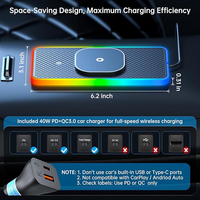 RGB Wireless Car Charging Pad for Magsafe, REESTECQI 15W LED Magnetic Wireless Charger for Car Non Slip Type C Charging Mat with 40W Car Charger Compatible with iPhone 17-12, Airpods (1 Meter Cable)
