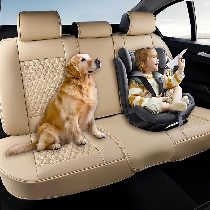 Coverado Leather Rear Seat Covers for Cars, Waterproof Back Seat Cover, Universal Automotive Seat Cushion Protector for Most Cars Trucks SUV (Beige)