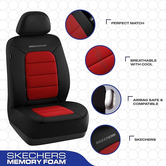 Skechers Memory Foam Seat Covers,Thick Cool Touch Fabric Seat Covers,Front Seat Covers Airbag Compatible,Automotive Comfort Protection for Most Cars,Vans,Trucks,SUV,Red