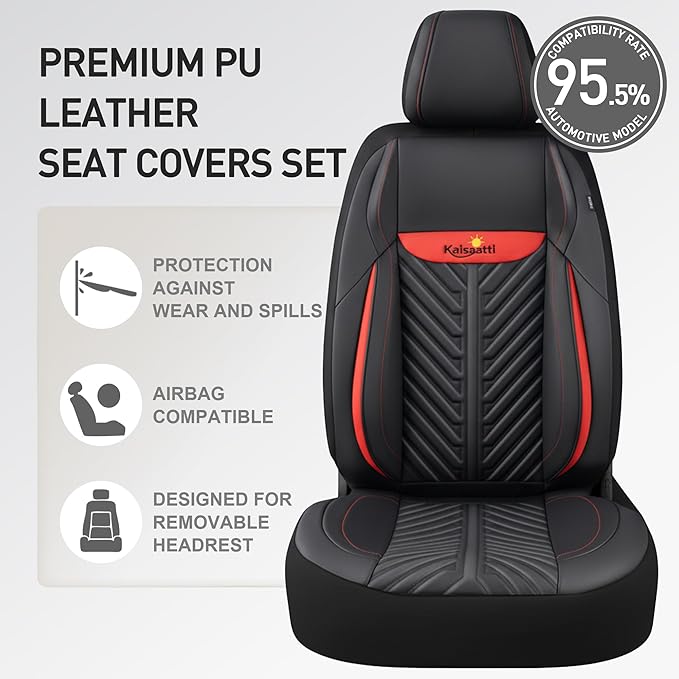 PU Leather Car Seat Covers Full Set – Waterproof seat Cover for Cars，3D Foam Support Automotive seat Covers ，Airbag Compatible, Universal Fit for Cars SUVs Trucks Sedans（Black/Red）