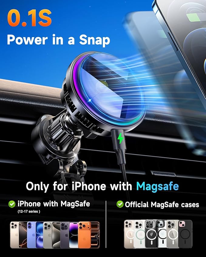 for MagSafe Car Mount Charger, TEC & Fan Dual Cooling Magnetic Wireless Car Charger, Strong Magnet 15W Fast Charging Air Vent Car Phone Holder Bracket for Your Car for iPhone 17 16 15 14 13 & Android