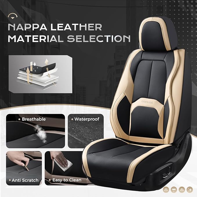 Coverado Car Seat Covers, Leather Seat Covers Full Set, Waterproof Car Seat Protector with Lumbar Support, Automotive Seat Covers Seat Cushions Universal Fit for Most Cars SUV Trucks, (Black&Beige)