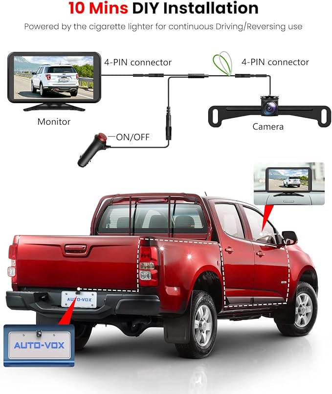 AUTO-VOX Backup Camera for Car Easy Setup Plug-Play: 4.8" 1080P No-Delay Clear Night Vision Rear View Camera, IP69K Waterproof 3X Zoom Back Up Camera Systems for Truck SUV Pickup Van