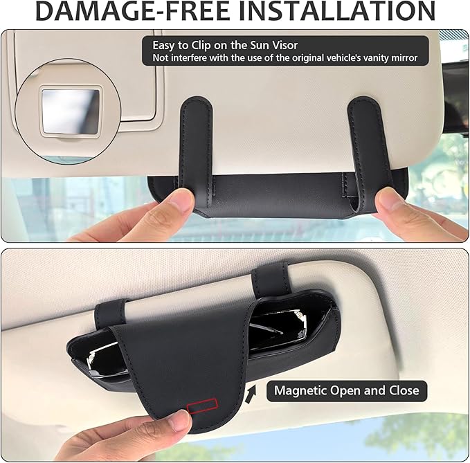 Accmor Sunglasses Holder for Car Sun Visor, Vehicle Sun Visor Sunglass Holders Glasses Case with Magnetic Closure, Universal Leather Auto Eyeglasses Organizer Car Accessories, No Obstruction of Vision
