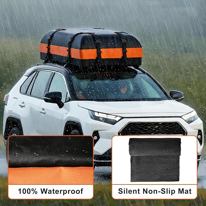 Mupera 15 Cubic Ft Waterproof Car Roof Cargo Carrier for All Vehicles with/Without Roof Rack, Rooftop Cargo Carrier with Strip Includes Anti-Slip Mat, 6 Door Hooks & Combination Lock