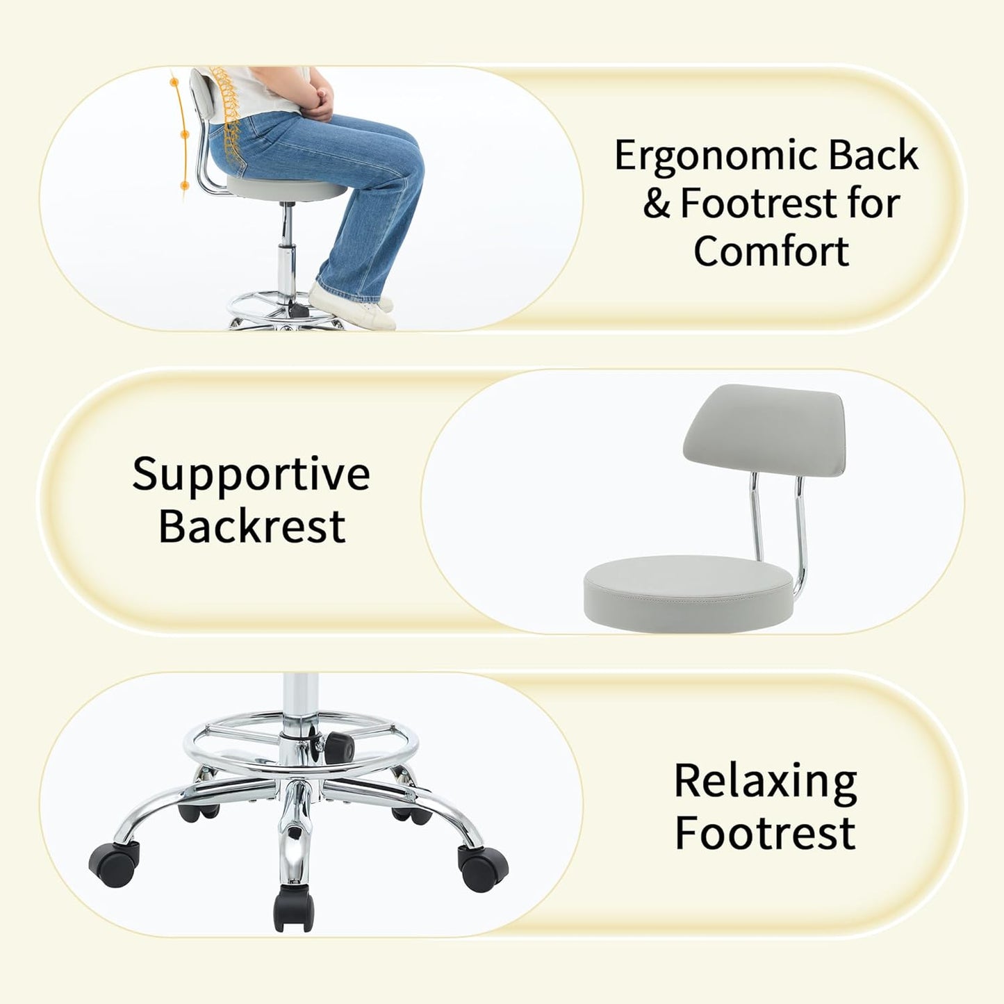 Rolling Massage Chair, Height Adjustable Salon Stool with Wheels 19.5’’-26.6’’, Gray Guitar Stool (Gray)