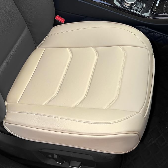 Car Seat Cover for Luxury & Comfort - PU Leather, Anti-Slip, Full Wrap Protection with Storage Pocket for Bottom Cushion - Universal Fit for 95% of Vehicles （Yellowish-White,1 Piece