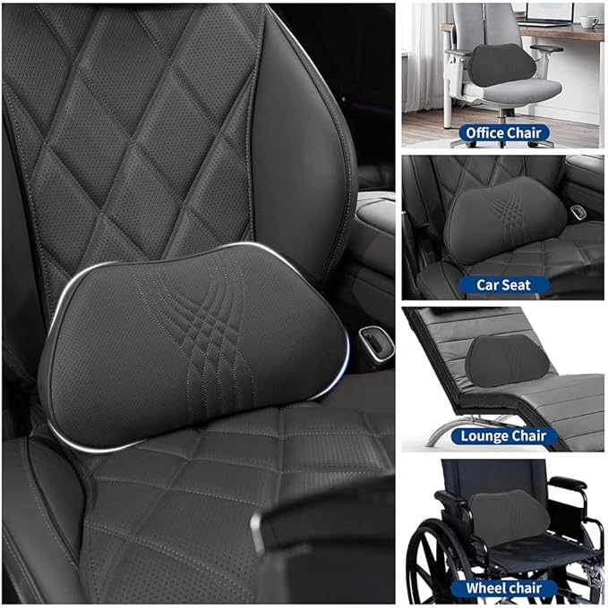 Lumbar Support Pillow for Car Seat, Office Chair Nappa Leather Memory Foam Lower Back Cushion for Back Pain Relief Improve Posture, Ergonomic Back Rest for Gaming Chair, Black, 1PC