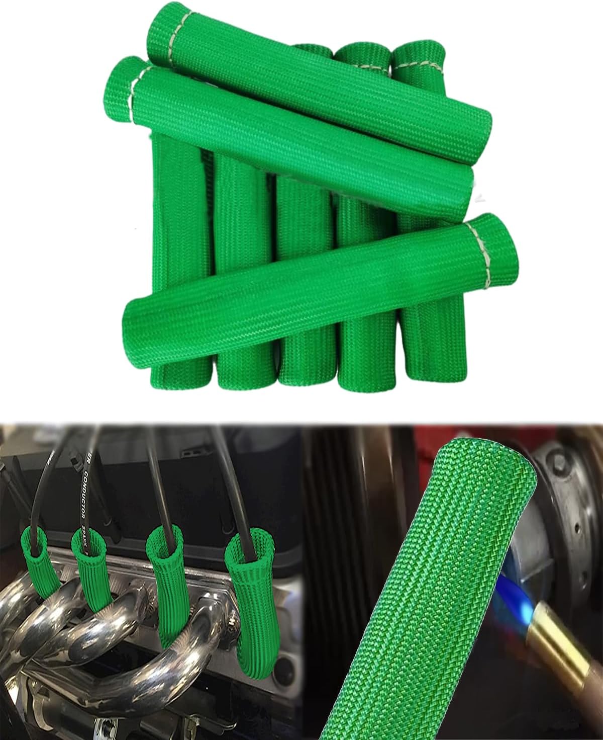 Spark Plug Wire Boots Protector - 8 PCS 2500° Spark Plug Wire Boots Protector, 6 Inches Spark Plug Heat Sleeve Protection Cover Replacement for LS1 / LS2 SBC BBC 350 454 Car Truck, Green