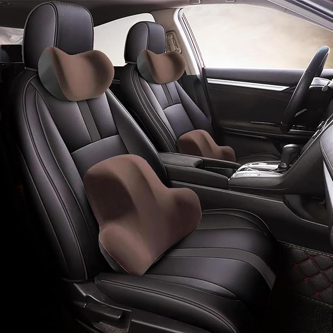 Car Headrest & Lumbar Support Cushion for Kia Sportage NQ5 2023, Ergonomic Memory Foam Seat Headrest Neck Rest Cushion Travel Kit Removable for Neck Back Pain Relief,Brown