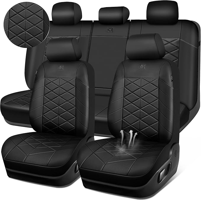 CAR PASS Nappa Leather Waterproof Car Seat Covers Full Set, 3D Foam 5 Seat Covers Full Set with Rhomb, Comfort Universal Fit for Most SUV Truck Sedan, Airbag Compatible, 5 Seats Leatherette All Black