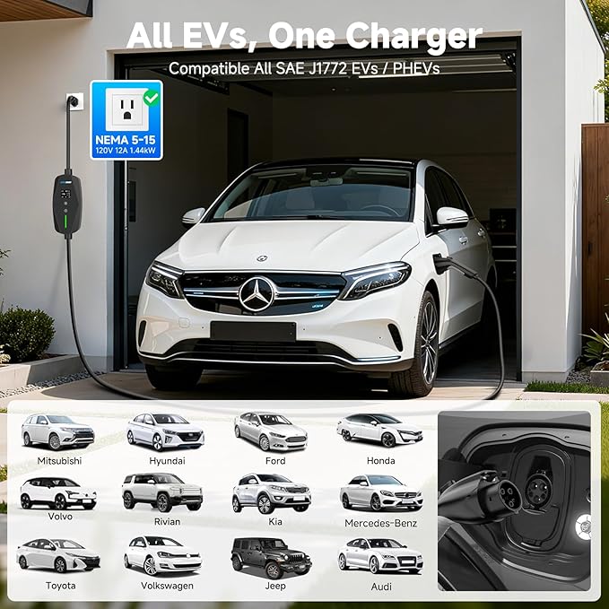 Level 1&2 EV Charger -16Amp Adjustable Current Home Charging Station with 110V-240V NEMA 6-20 Plug & 5-15 Adapter, 25FT Cable Portable Electric Vehicle Car Charger, SAE J1772 Charging Station for Home