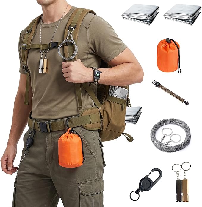 Outdoor Camping Tool kit-6-piece Set，2 Survival KitEmergency Thermal Blankets, Sleeping Bag, Paracord Bracelet, Wire Saw, Whistle for 2 Outdoor Survival Gear, Hiking, Camping, Car Emergency