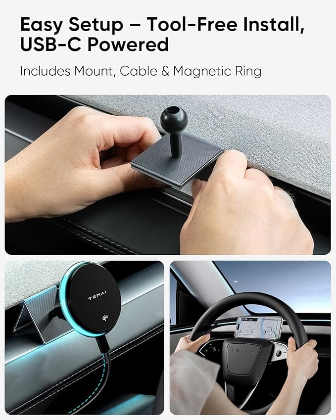 TEMAI Car Mount Charger, 15W MagSafe Wireless Car Charger & Phone Holder for Model Y Juniper(2025)- Strongest Magnetic Fast Charging Accessories Slideable Air Vent Mount with Silicone Pads