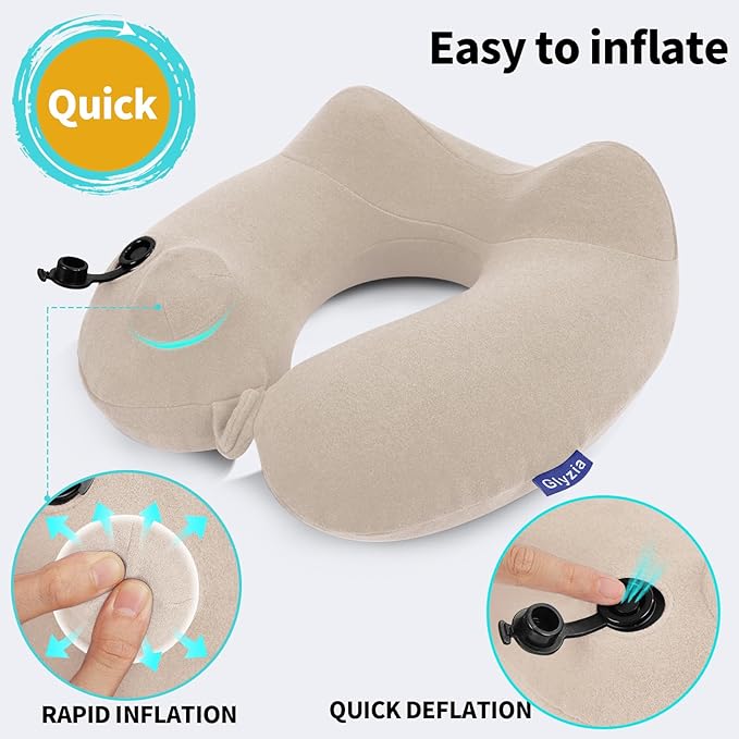 2 Pack Inflatable Travel Neck Pillows for Airplanes, Head Support Velvet Adult Neck Pillows for Long Flight, Kit with Eye Mask, Earplugs and Storage Bag, 2, Beige