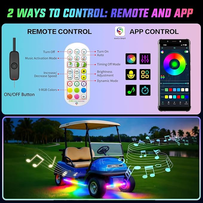4 Pcs RGB+IC Golf Cart Underglow Light Strip, 12V-80V Dream Color Chasing Golf Cart Underbody Light with Remote and APP Control, Voltage Reducer Included, Music Sync for EZGO Yamaha Club Car