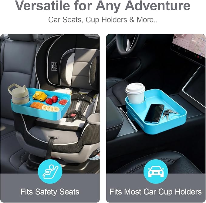 Car Seat Snack Tray for Toddlers - 3 Inch Cup Holder Fits Most Sippy Cups & Straw Bottles with Dip Well, Mess-Free Square Kids Travel Tray Road Trip Essentials, Sky Blue