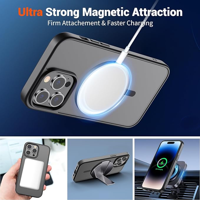 SUPFINE Magnetic for iPhone 14 Pro Case (Compatible with MagSafe) (Military Grade Drop Protection) Slim Translucent Matte Shockproof with Anti-Fingerprint Phone Case, Black