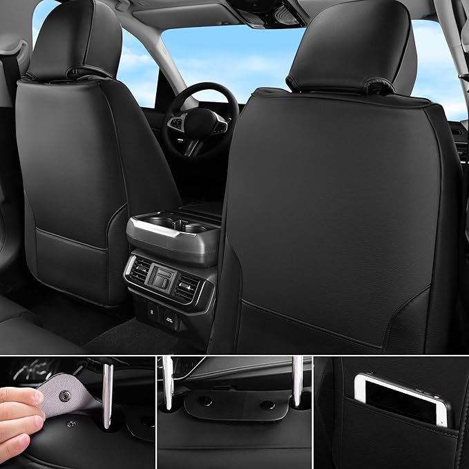 CAR PASS Nappa Leather Car Seat Covers Cushioned, Waterproof Leatherette Seat Covers Anti-Slip 5 Seats, Universal for Cars,SUV,Pick-Up,Truck,Sedan,Vehicles Sports(Full Set Black Charcoal Carbon Fiber)