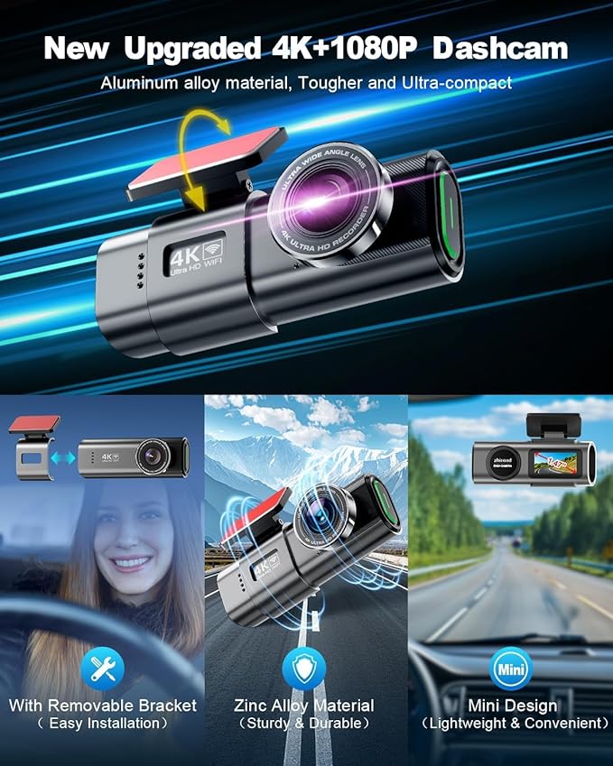 4K Dash Cam Front and Rear, Built-in WiFi, 170° Wide Angle, Night Vision, 24H Parking Monitor, G-Sensor, WDR, 1.47” IPS Screen, with 64GB SD Card (Supports 256GB Max) - Car Dash Camera with App