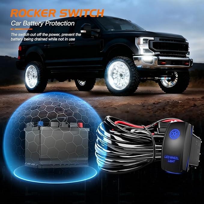 Nilight 4PCS 15.5inch Double Row LED Wheel Ring Lights Pure White with Wiring Harness Kit Rocker Switch Control Dual Row for Car Van SUV Truck