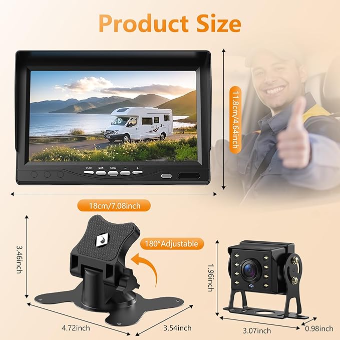 7" 1080P Wired Truck Backup Camera System, IP68 Waterproof Rear View Camera with Wide Angle View, Night Vision Reverse Camera for RV Trailer 12V-24V