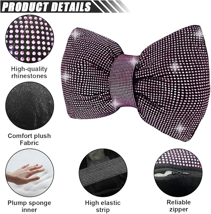 1 PCS Rhinestone Car Headrest Neck Pillow, Auto Headrest Cushion for Driving Seat, Bling Crystal Diamond Bow Neck Support Relax Pillow, Car Interior Accessories for Women Girly (Purple)