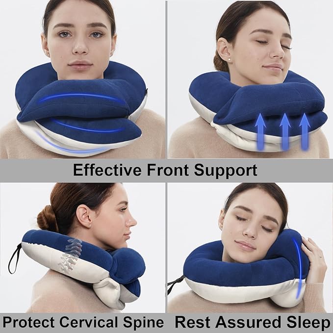 BUYUE Travel Neck Pillows for Airplanes, 360° Head Support Sleep for Long Flight, Skin-Friendly & Breathable, Kit with 3D Contoured Eye Mask, Earplugs and Storage Bag (Adult, Navy, 90+ lbs)