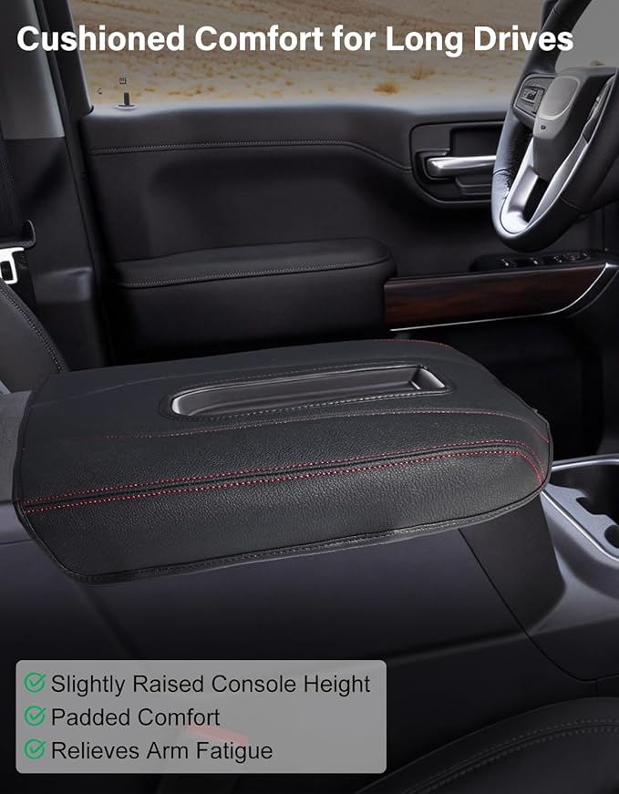 Center Console Armrest Cover for Chevy Chevrolet Silverado 1500/GMC Sierra 2019-2026, Yukon/Suburban/Tahoe 2021-2026, PU Leather Middle Console Lid Protector Cushion Thick Pad Black-Red(Bucket Seat)