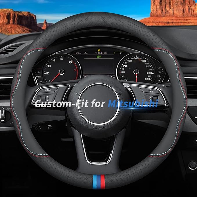 Custom-Fit Leather Car Steering Wheel Cover for Mitsubishi, C-Style, Non-Slip, Breathable
