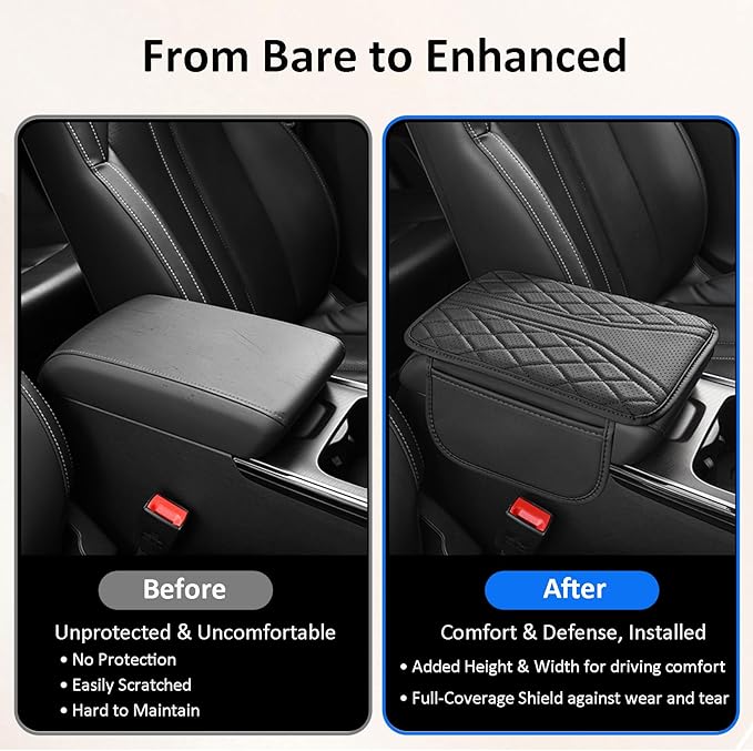 Car Center Console Cover with Storage Bags, Leather Armrest Pad Protector for SUV, Sedan, Truck Interior Accessories (Black)
