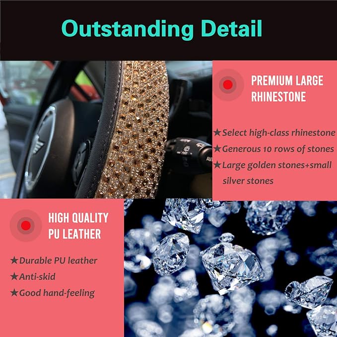PINCTROT Large Size Bling Comfy Steering Wheel Cover with Jumbo Crystal Rhinestones, Anti-Slip Diamond Leather, 15.5-15.75 Inch (Gold)
