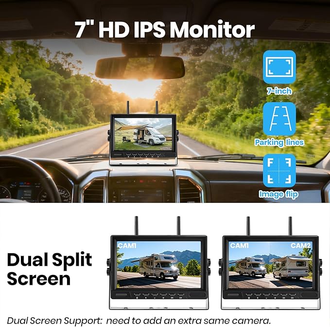 Magnetic Solar Wireless Backup Camera for Trailer: No Wiring Quick Install 7" HD 2-Split Monitor Rechargeable Battery IP68 Rearview Camera System for RV Truck Camper Horse Trailer Camera