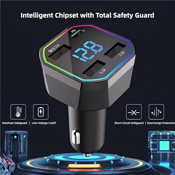 65W USB C Car Charger Adapter 4 Port Fast Charging with QC3.0 & PD2.0, Digital Display, Compatible with iPhone 16–8, Galaxy S25–S8, iPad, Pixel