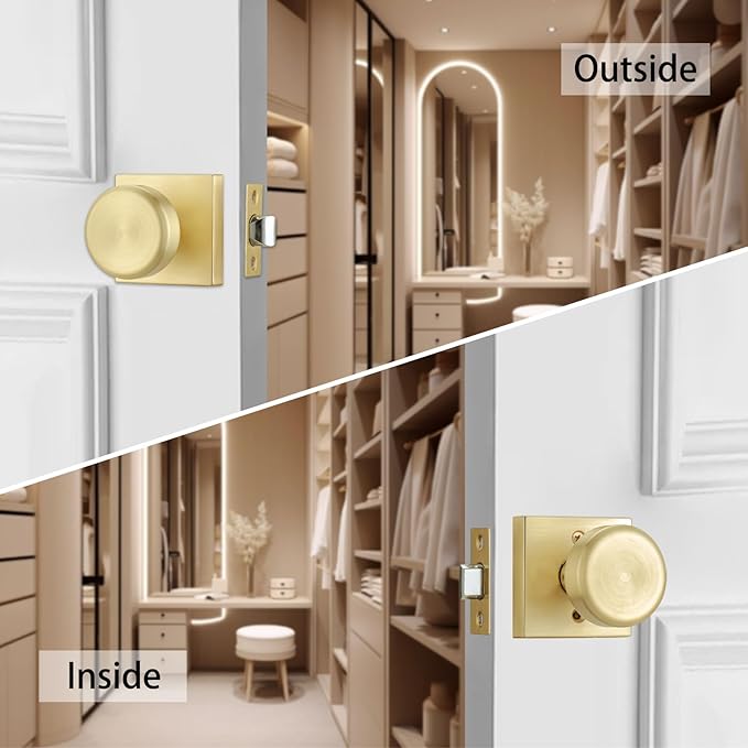 6 Pack Brushed Gold Door Knobs Interior, Pismo Doorknob with Square Rosette for Hall
