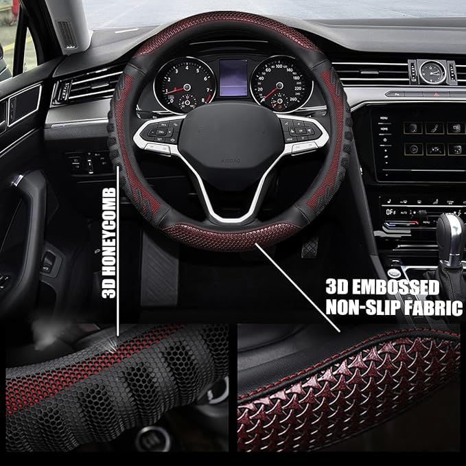 Car Steering Wheel Cover, Anti-Slip Leather Breathable Comfortable Automotive Steering Wheel Cover Protector Decoration for Men and Women, 15 Inch Universal for SUV, Truck, RV（Wine Red）