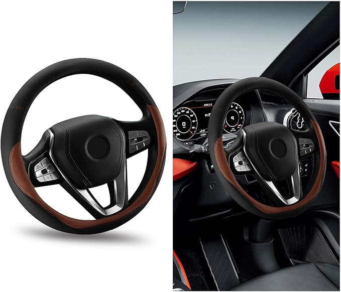 Car Steering Wheel Cover, Universal 15" Anti-Slip Auto Steering Wheel Protector for Men Women, Breathable Odor Free Leather Steering Wheel Car Accessories Fit Most Vehicles (Coffee)