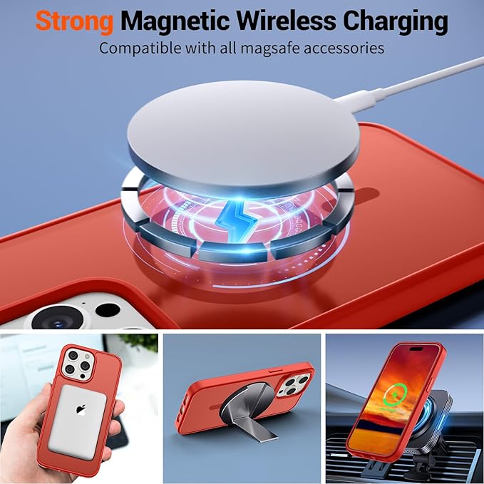 SUPFINE Magnetic for iPhone 15 Pro Case (Compatible with MagSafe) (Military Grade Drop Protection) Slim Translucent Matte Shockproof with Anti-Fingerprint Phone Case,Red
