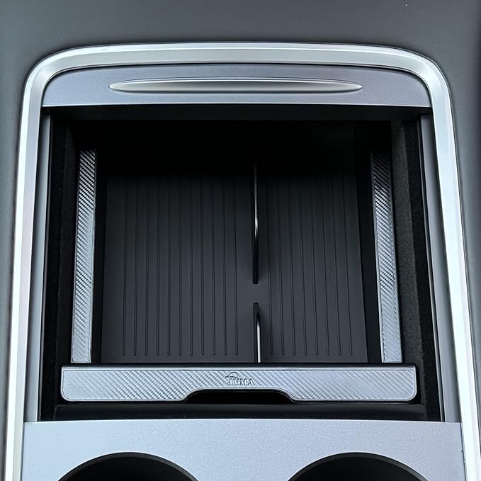 JVMA Center Console Organizer for Tesla Model Y 2024 2023 2022 2021 and Model 3 2021-2023 Accessories with Backlight Transparent Smooth Slide 3 Carbon Edition Upgrade